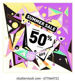 Summer sale geometric style web banner. Fashion and travel discount. Vector holiday Abstract colorful illustration with special offers and promotions.