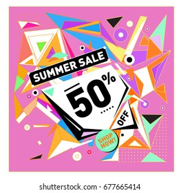 Summer sale geometric style web banner. Fashion and travel discount. Vector holiday Abstract colorful illustration with special offers and promotions.