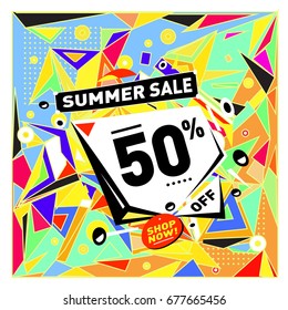 Summer sale geometric style web banner. Fashion and travel discount. Vector holiday Abstract colorful illustration with special offers and promotions.