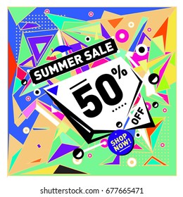 Summer sale geometric style web banner. Fashion and travel discount. Vector holiday Abstract colorful illustration with special offers and promotions.