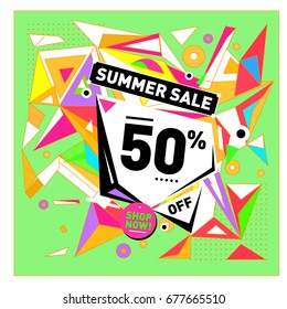 Summer sale geometric style web banner. Fashion and travel discount. Vector holiday Abstract colorful illustration with special offers and promotions.