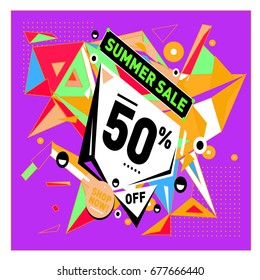 Summer sale geometric style web banner. Fashion and travel discount. Vector holiday Abstract colorful illustration with special offers and promotions.