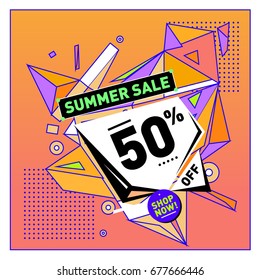 Summer sale geometric style web banner. Fashion and travel discount. Vector holiday Abstract colorful illustration with special offers and promotions.