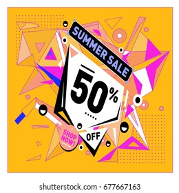 Summer sale geometric style web banner. Fashion and travel discount. Vector holiday Abstract colorful illustration with special offers and promotions.