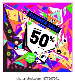 Summer sale geometric style web banner. Fashion and travel discount. Vector holiday Abstract colorful illustration with special offers and promotions.