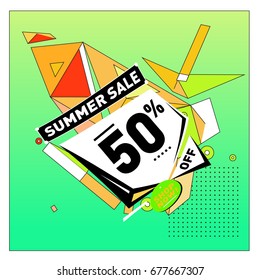 Summer sale geometric style web banner. Fashion and travel discount. Vector holiday Abstract colorful illustration with special offers and promotions.