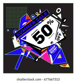 Summer sale geometric style web banner. Fashion and travel discount. Vector holiday Abstract colorful illustration with special offers and promotions.