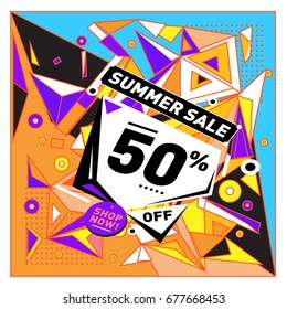 Summer sale geometric style web banner. Fashion and travel discount. Vector holiday Abstract colorful illustration with special offers and promotions.