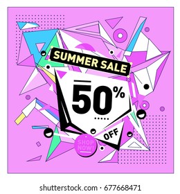 Summer sale geometric style web banner. Fashion and travel discount. Vector holiday Abstract colorful illustration with special offers and promotions.