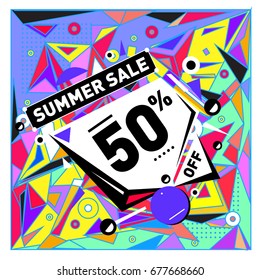 Summer sale geometric style web banner. Fashion and travel discount. Vector holiday Abstract colorful illustration with special offers and promotions.