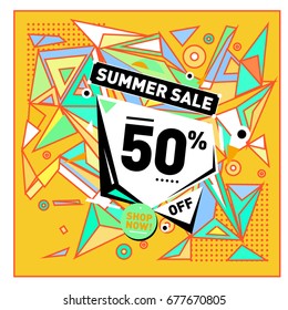 Summer sale geometric style web banner. Fashion and travel discount. Vector holiday Abstract colorful illustration with special offers and promotions.