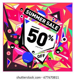 Summer sale geometric style web banner. Fashion and travel discount. Vector holiday Abstract colorful illustration with special offers and promotions.