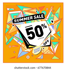Summer sale geometric style web banner. Fashion and travel discount. Vector holiday Abstract colorful illustration with special offers and promotions.