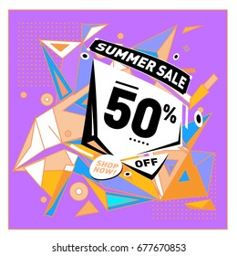 Summer sale geometric style web banner. Fashion and travel discount. Vector holiday Abstract colorful illustration with special offers and promotions.