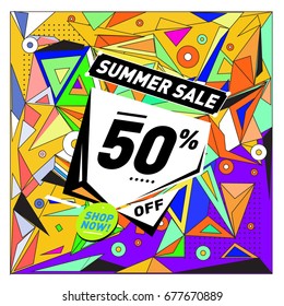 Summer sale geometric style web banner. Fashion and travel discount. Vector holiday Abstract colorful illustration with special offers and promotions.
