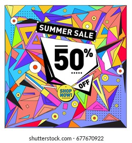Summer sale geometric style web banner. Fashion and travel discount. Vector holiday Abstract colorful illustration with special offers and promotions.