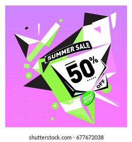 Summer sale geometric style web banner. Fashion and travel discount. Vector holiday Abstract colorful illustration with special offers and promotions.