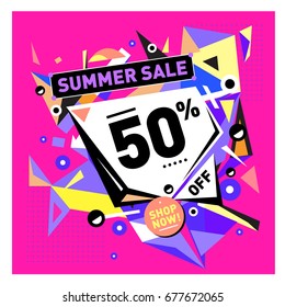 Summer sale geometric style web banner. Fashion and travel discount. Vector holiday Abstract colorful illustration with special offers and promotions.
