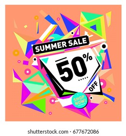 Summer sale geometric style web banner. Fashion and travel discount. Vector holiday Abstract colorful illustration with special offers and promotions.