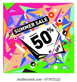 Summer sale geometric style web banner. Fashion and travel discount. Vector holiday Abstract colorful illustration with special offers and promotions.