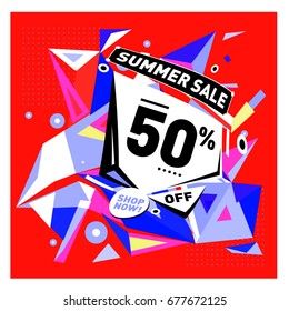Summer sale geometric style web banner. Fashion and travel discount. Vector holiday Abstract colorful illustration with special offers and promotions.