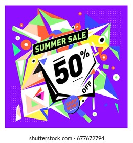 Summer sale geometric style web banner. Fashion and travel discount. Vector holiday Abstract colorful illustration with special offers and promotions.