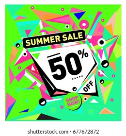 Summer sale geometric style web banner. Fashion and travel discount. Vector holiday Abstract colorful illustration with special offers and promotions.
