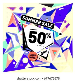 Summer sale geometric style web banner. Fashion and travel discount. Vector holiday Abstract colorful illustration with special offers and promotions.