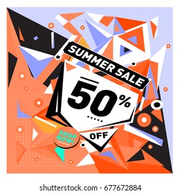 Summer sale geometric style web banner. Fashion and travel discount. Vector holiday Abstract colorful illustration with special offers and promotions.