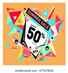 Summer sale geometric style web banner. Fashion and travel discount. Vector holiday Abstract colorful illustration with special offers and promotions.