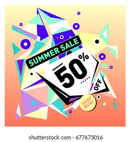 Summer sale geometric style web banner. Fashion and travel discount. Vector holiday Abstract colorful illustration with special offers and promotions.