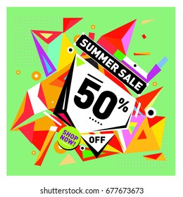 Summer sale geometric style web banner. Fashion and travel discount. Vector holiday Abstract colorful illustration with special offers and promotions.