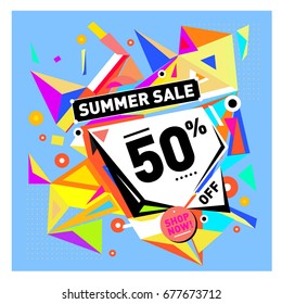 Summer sale geometric style web banner. Fashion and travel discount. Vector holiday Abstract colorful illustration with special offers and promotions.