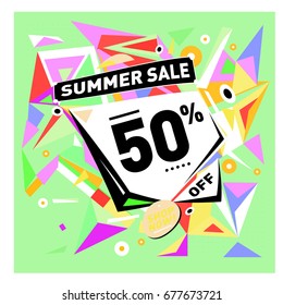 Summer sale geometric style web banner. Fashion and travel discount. Vector holiday Abstract colorful illustration with special offers and promotions.