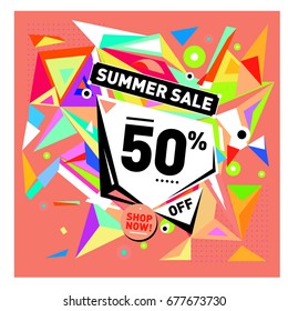 Summer sale geometric style web banner. Fashion and travel discount. Vector holiday Abstract colorful illustration with special offers and promotions.