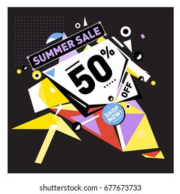Summer sale geometric style web banner. Fashion and travel discount. Vector holiday Abstract colorful illustration with special offers and promotions.