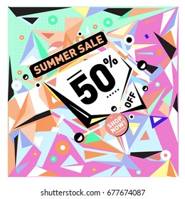 Summer sale geometric style web banner. Fashion and travel discount. Vector holiday Abstract colorful illustration with special offers and promotions.