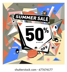 Summer sale geometric style web banner. Fashion and travel discount. Vector holiday Abstract colorful illustration with special offers and promotions.