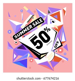 Summer sale geometric style web banner. Fashion and travel discount. Vector holiday Abstract colorful illustration with special offers and promotions.