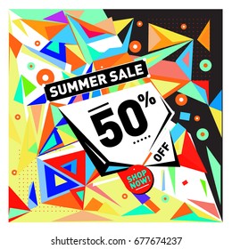 Summer sale geometric style web banner. Fashion and travel discount. Vector holiday Abstract colorful illustration with special offers and promotions.