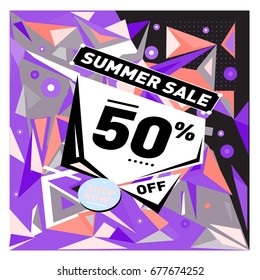 Summer sale geometric style web banner. Fashion and travel discount. Vector holiday Abstract colorful illustration with special offers and promotions.