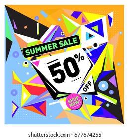 Summer sale geometric style web banner. Fashion and travel discount. Vector holiday Abstract colorful illustration with special offers and promotions.
