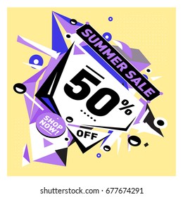 Summer sale geometric style web banner. Fashion and travel discount. Vector holiday Abstract colorful illustration with special offers and promotions.