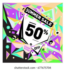 Summer sale geometric style web banner. Fashion and travel discount. Vector holiday Abstract colorful illustration with special offers and promotions.