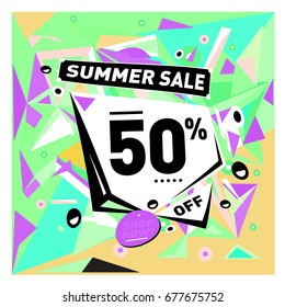 Summer sale geometric style web banner. Fashion and travel discount. Vector holiday Abstract colorful illustration with special offers and promotions.