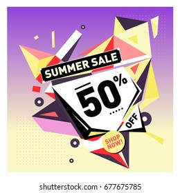Summer sale geometric style web banner. Fashion and travel discount. Vector holiday Abstract colorful illustration with special offers and promotions.