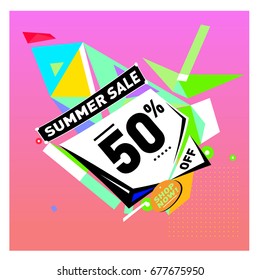 Summer sale geometric style web banner. Fashion and travel discount. Vector holiday Abstract colorful illustration with special offers and promotions.