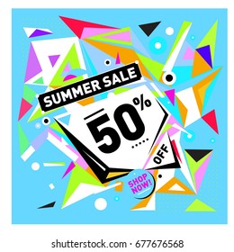 Summer sale geometric style web banner. Fashion and travel discount. Vector holiday Abstract colorful illustration with special offers and promotions.