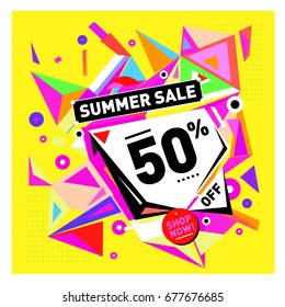 Summer sale geometric style web banner. Fashion and travel discount. Vector holiday Abstract colorful illustration with special offers and promotions.