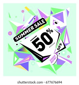 Summer sale geometric style web banner. Fashion and travel discount. Vector holiday Abstract colorful illustration with special offers and promotions.